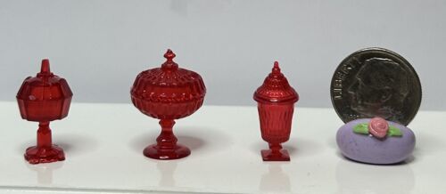 Dollhouse Miniature Chrysnbon Vintage Style Candy Dishes Set New 1:12 Scale Red
