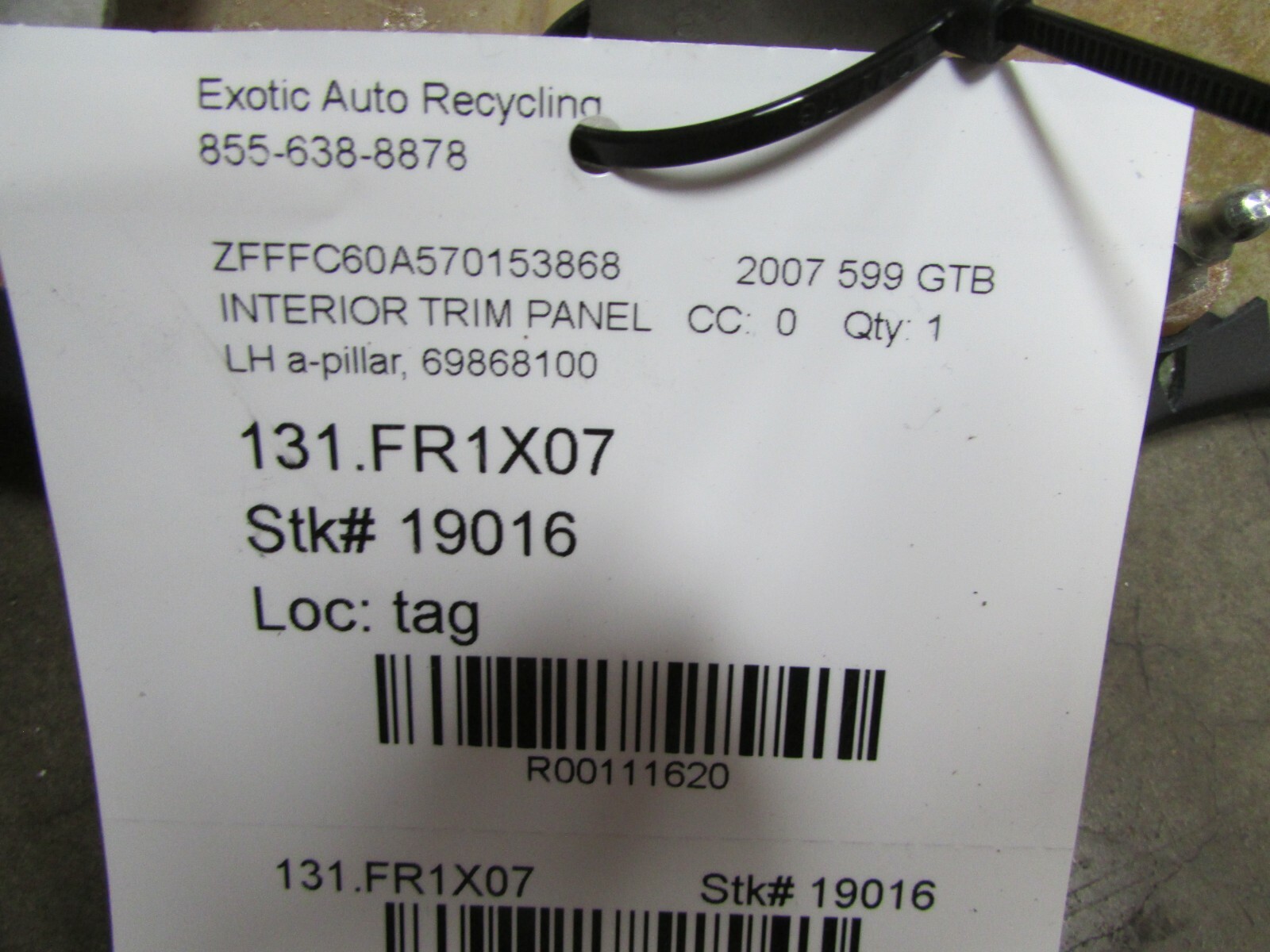 Ferrari 599 GTB, LH, Left A-Pillar Interior Trim Panel, Used, P/N 69868100