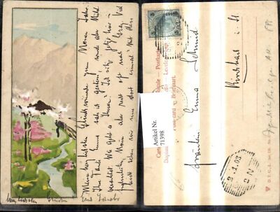 71398,Jugendstil Litho Landschaft Fluss Berge 