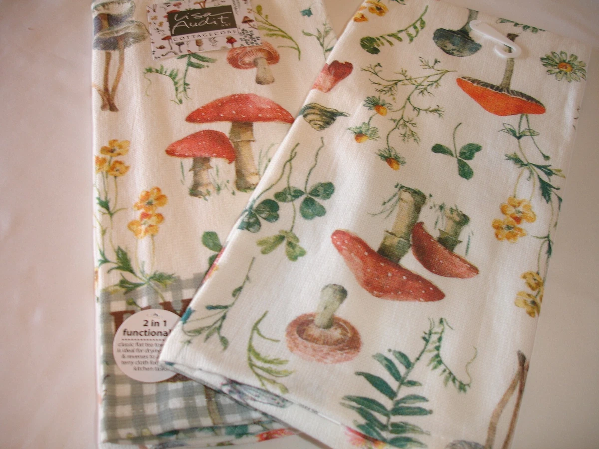 New! S/2 Mushroom Family Floral Dish Towels Kitchen Dual Purp Terry Dish  Towels