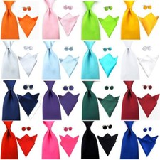 Men's Satin 8CM Wide Solid Neck Tie Pocket Square Handkerchief Cufflink Set NEW