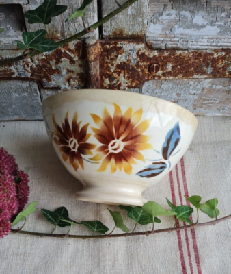 Bol Ancien En Céramique 14 Cm - Décor Floral Et Animalier - Vendu En L'état