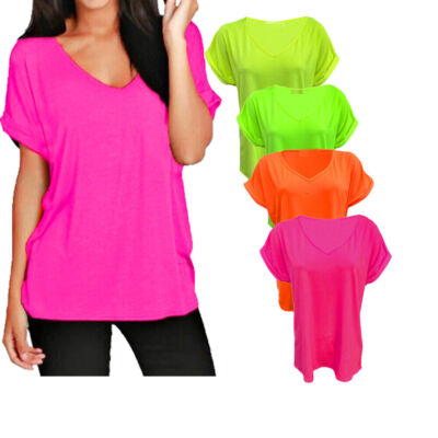 Damen Fledermausärmel Oversize Baggy Loose Fit Turn Up Frauen V-Ausschnitt T-Shirt Top