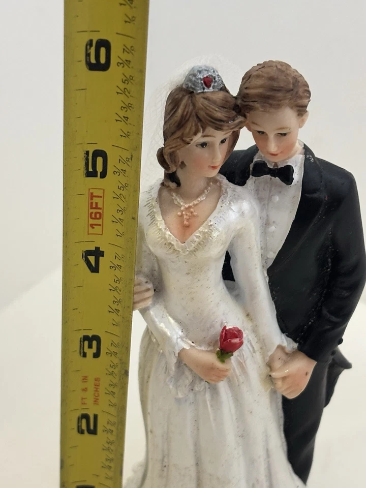 "Estatuilla de boda adorno de pastel novia novio perlas gemas encaje velo rosa resina 5,5""" Foto 4 de 4