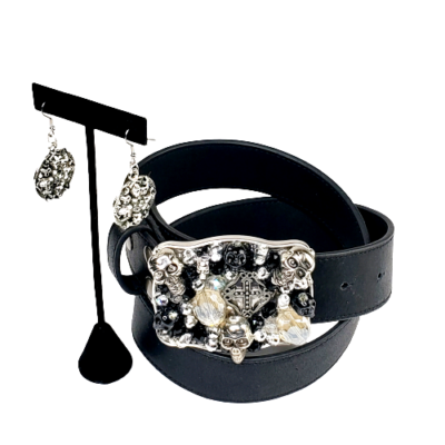 Gothic Silver Embellished Skull & Cross Handcrafted Buckle & Earrings. Skull & Cross Embellished Gothic Handcrafted Buckle  main image 3