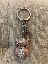 Pink Owl Keychain Sequines Enameled Rhinestones