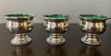 Set/3 Vtg Silver Plate Pedestal Salt Cellar Bowl Dish Emerald Green Glass Insert