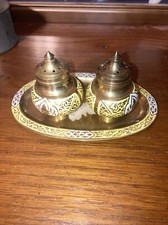 Vintage Turkish Middle Eastern Salt Pepper Set With Tray Brass Urns