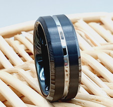 with Polished Silver inlay Men's Wedding Band 8mm Black Brushed Tungsten Ring