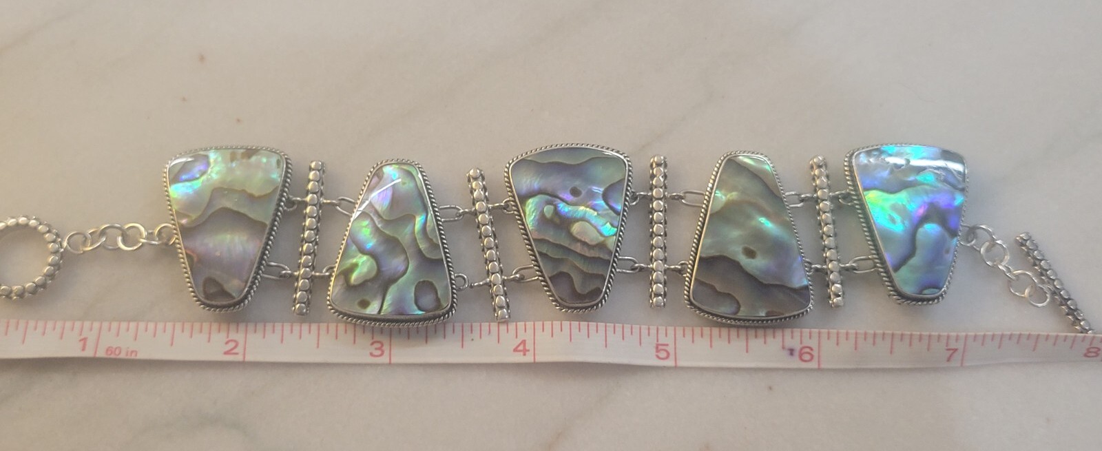 925 Silver Abalone Toggle Clasp Link Bracelet Sig… - image 6