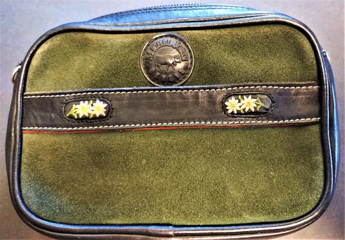 Vintage MICHEL JORDI 5""x7"" Umhängetasche/Gürteltasche grün Wildleder schwarz Leder EUC - Bild 9 von 10