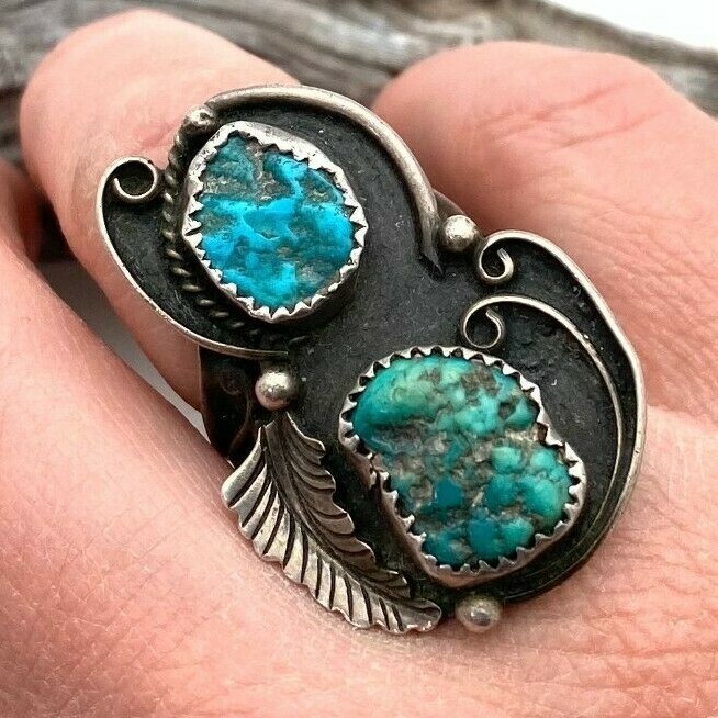Vintage Double Chunky Turquoise Thick Sterling Navajo Leaf Ring (Size 7)  (R78)