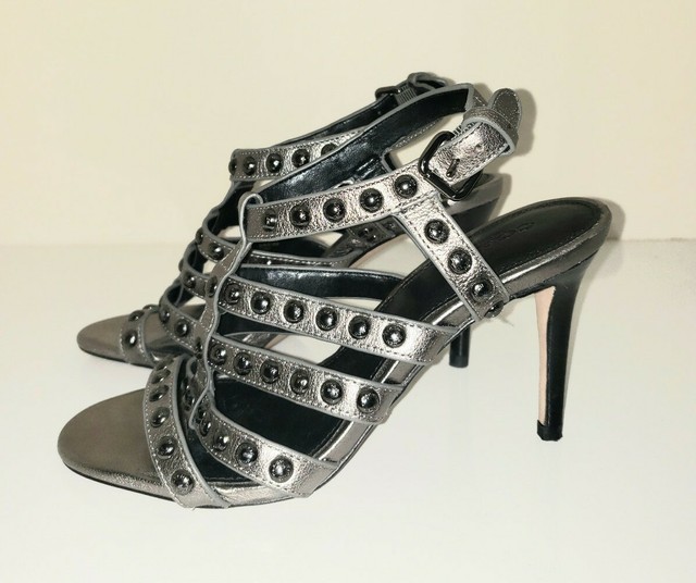 COACH studded pewter strappy cage open toe leather 4in heels sz 6B | eBay