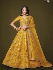 Wedding Wear Yellow Slub Silk Top Lehenga Choli With Dupatta For Women & Girls