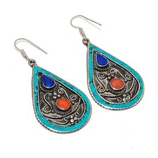 Lapis lazuli Coral Turquoise Earring Tibetan Vintage Nepali Jewelry 2.7" NE 5467