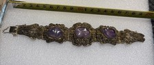 Antique Chinese Export Silver Amethyst Floral Panel Filigree Link Bracelet 61g