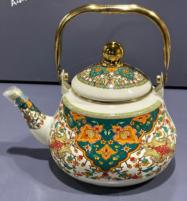 Retro Floral Emaille Teekanne mit Goldgriff, Herdplatte Rostfrei Glocke Wasserkocher