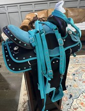 New Turquoise Western Barrel Racing Saddle w Matching Headstall, Reins, Breast c