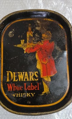 Vintage old rare collectible advertising Dewars white label whisky tin tray used