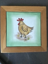 Harry And David Ceramic Tile Ruster Chicken Bird Naive Art Framed VTG