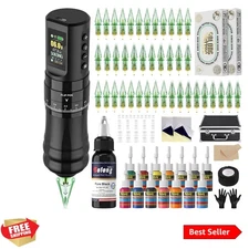 Tattoo Kits Tattoo Machine with 1800mAh LED Display 40PCS Needles and 14 Ink ...
