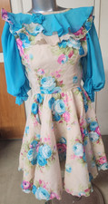BEIGE/BLUE Vintage S Square Dance Dress Rockabilly Cottage Prairie Swing Western