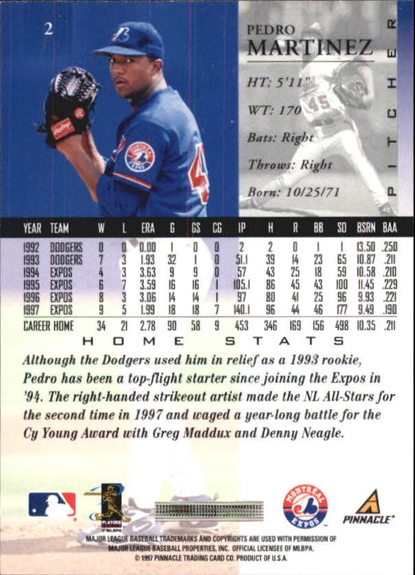 1998 Pinnacle Home Statistics Back #2 Pedro Martinez - BB - Image 2 of 2