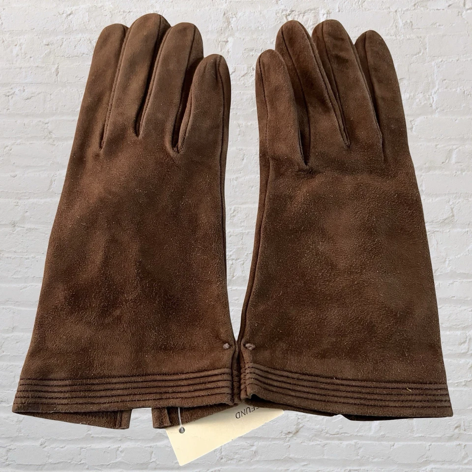 复古麂皮绒棕色驾驶手套人造丝衬里 7 码意大利制造全新带标签 — 第 3/4 张图片