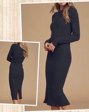 LULUS The Best Yet Black Dress Sz M 6/8 Ribbed Bodycon Midi Ribbed Knit Sweater