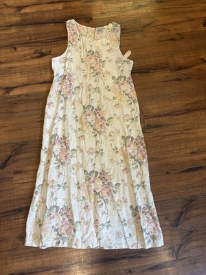 Vintage MATCH 100% Linen Made In USA Petite Large Floral Dress Cottage Prairie