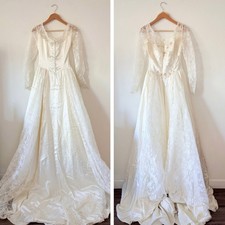 Vintage Handmade Bridal Wedding Dress Ivory Lace Satin Tulle Full Train Gown