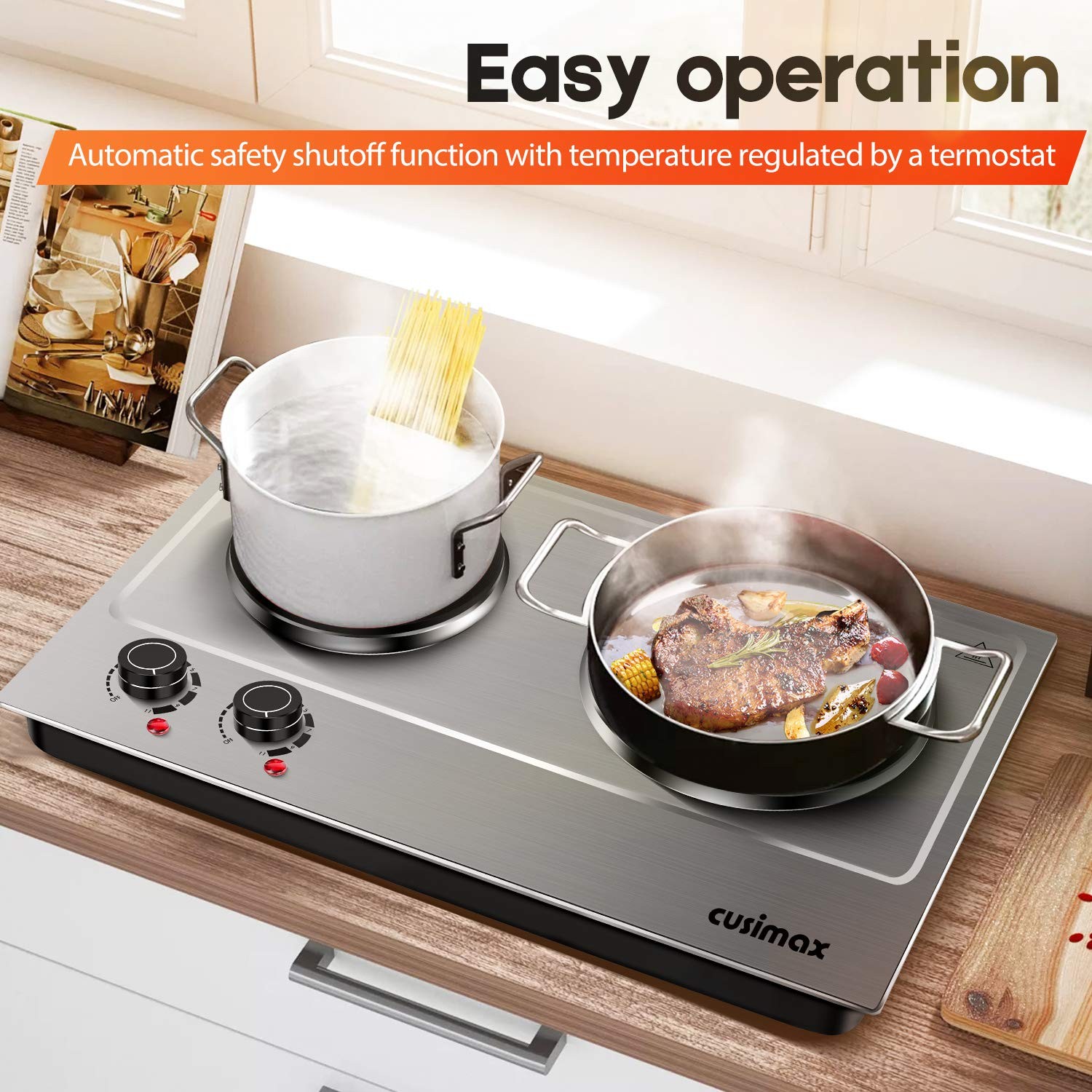 CUSIMAX 1800W Double Hot Plate, Stainless Steel Silver Countertop Burner Port...