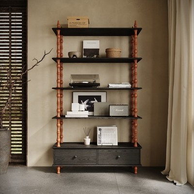Modern Solid Wood Veneered 5 Tier Bookcase 74 Inch Tall Black Open Shelving Unit