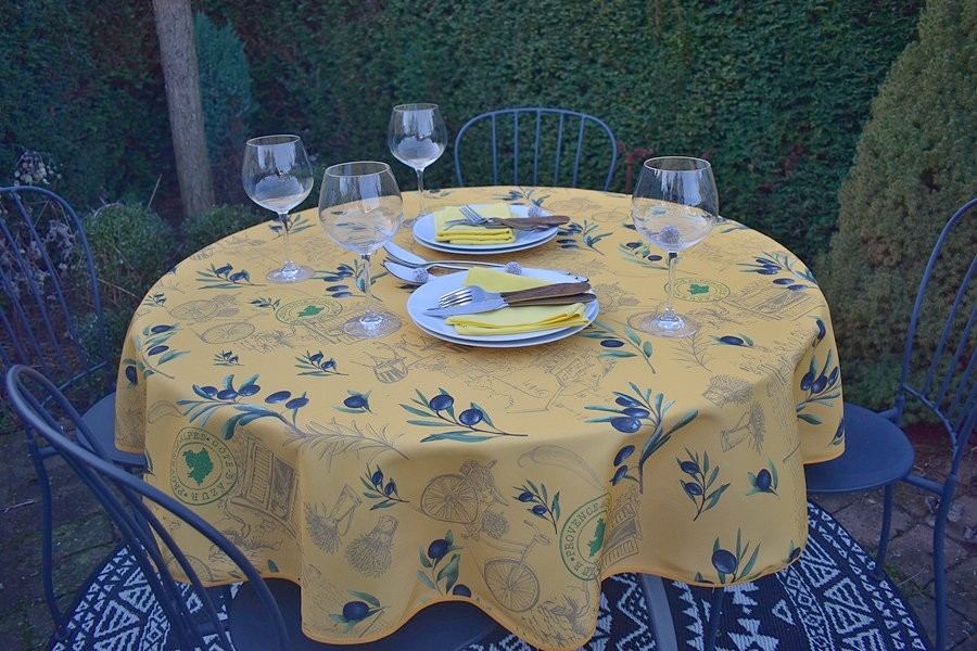 Tovaglia Provenza 160 cm rotonda gialla con motivo olive dalla Francia senza stiratura