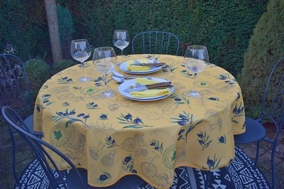 Tischdecke Provence 160 cm rund gelb mit Olivenmotiv aus Frankreich bügelfrei