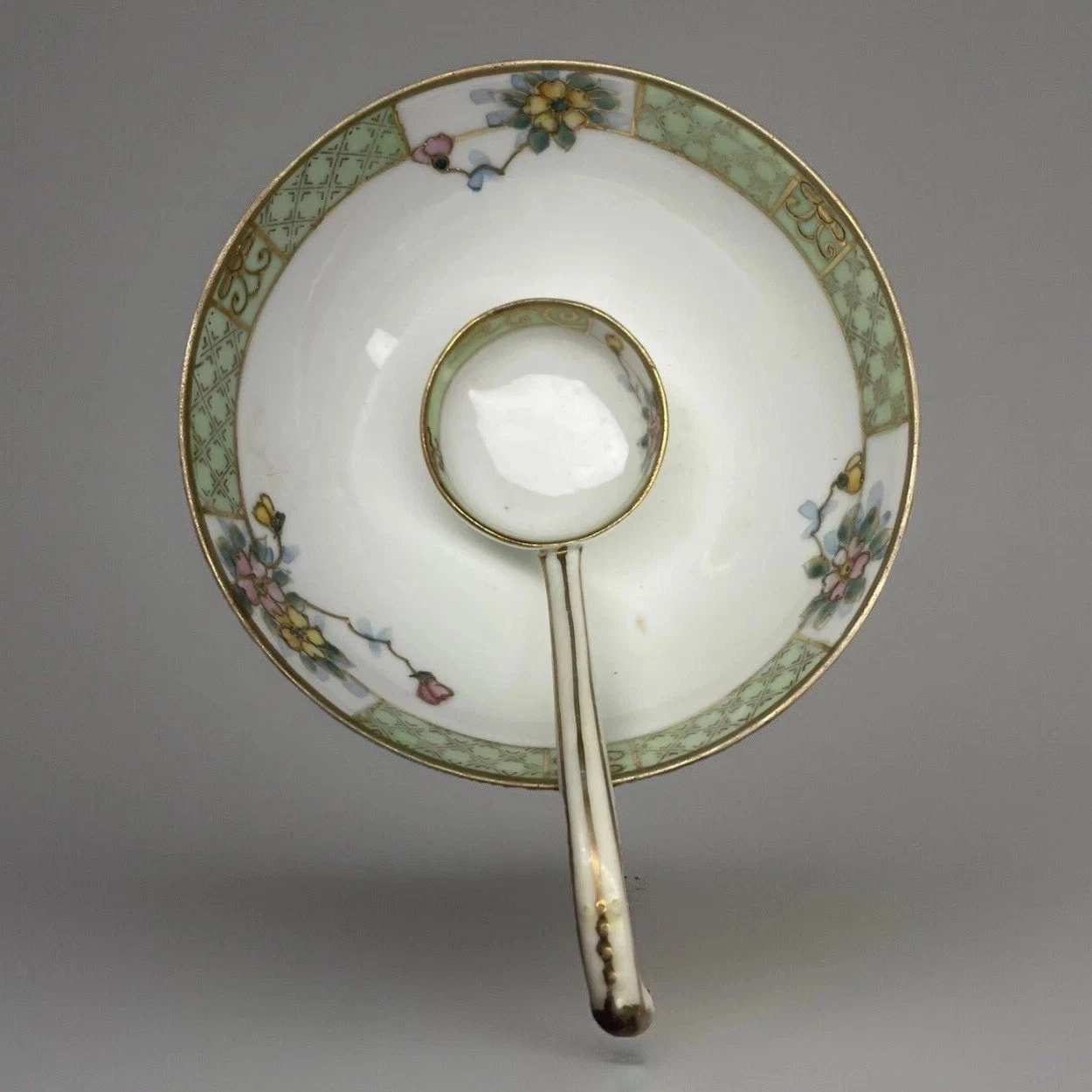 Antique Hand painted Nippon Moriage Sauce Bowl & Matching Ladle Green Gold Flora