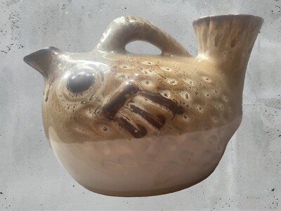 Japanese Fugu Sake Set Bottle/Pitcher & 1 Cup Tokkuri Pufferfish Ceramic Glazed