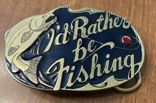 VTG 1985 I'd Rather Be Fishing Belt Buckle 1980s Painted Pewter EUC