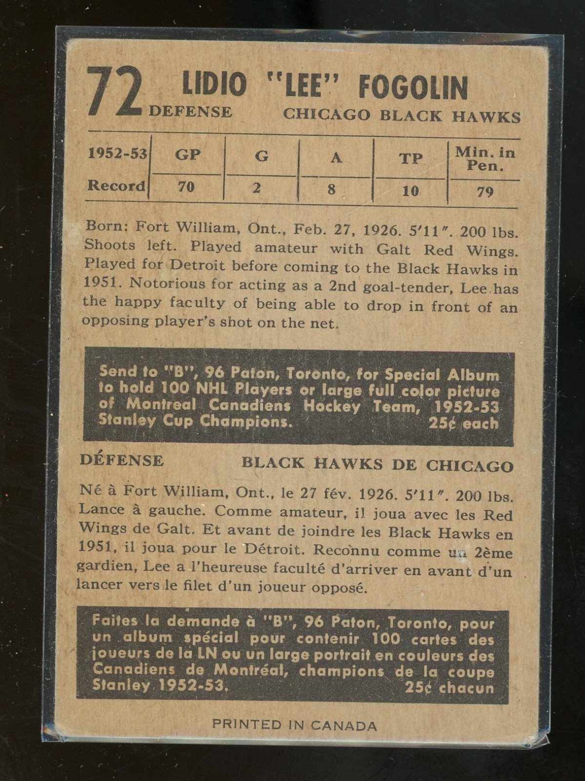 195354 Parkhurst 72 Lee Fogolin Chicago Black Hawks hockey card AB