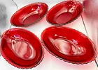 Set of 4 Anchor Hocking Ruby Red Oval Scalloped Glass Bowls 8.5x5.5" Vintage