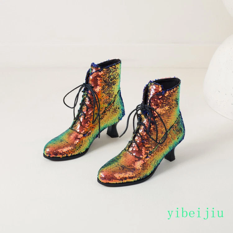 Para mujeres Gatito Tacón Lentejuelas Botines Brillo Con Cordones Zapatos Baile Performance Foto 4 de 4