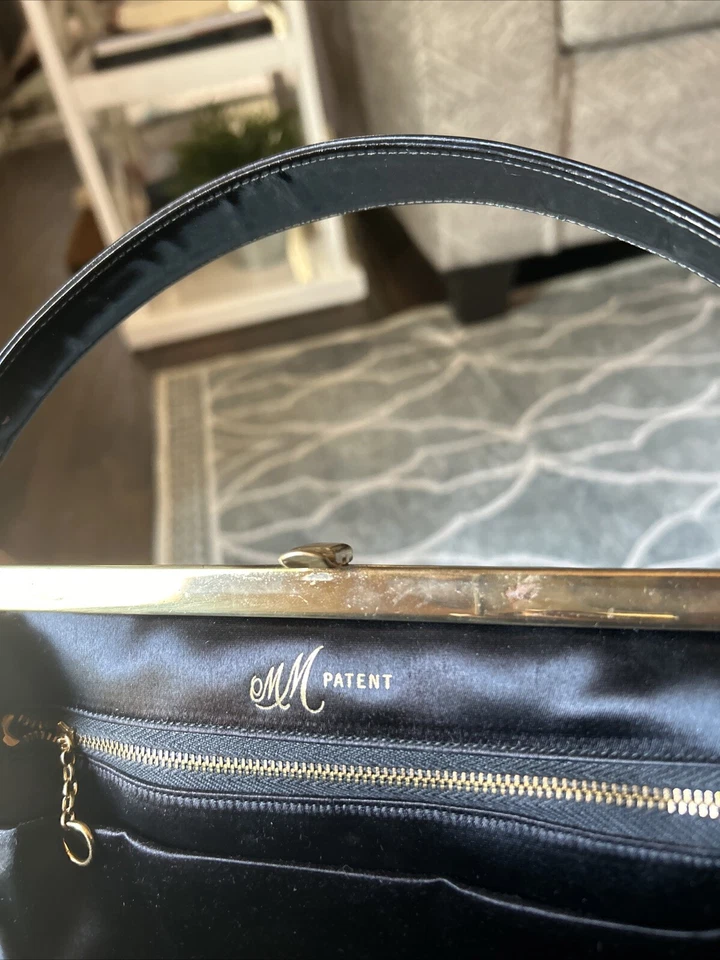 Vintage MM Black Patent Leather Gold Handbag 1950s 60s Morris Moskowitz - Image 4 of 4