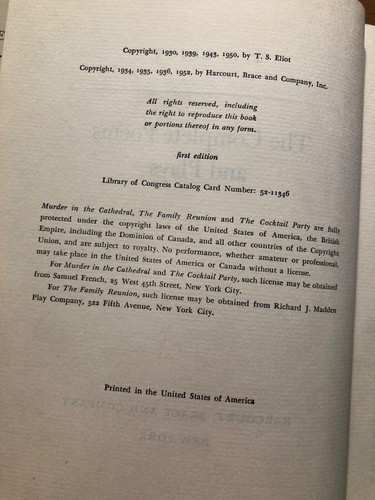 COMPLETE POEMS & PLAYS T. S. Eliot Harcourt Brace Cloth 1952 1st Edition VG in P - Picture 5 of 5
