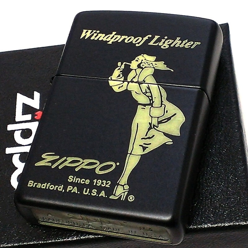 Zippo Oil Lighter Windy Girl Matte Black Gold Regular Case Japan 