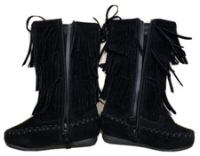 Girls Boot Moccasin Black Faux Suede Fringe LINK Candice - 16KA Size 5
