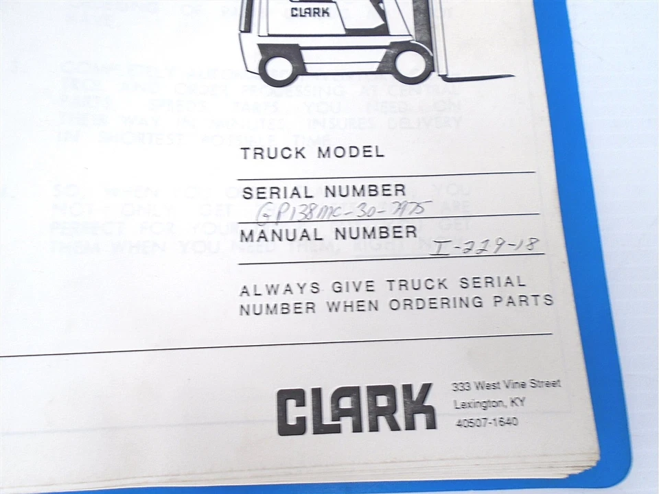 CLARK - Fork Truck Parts Manual I-229-18 Hard Cover GP138MC-1-7975 and up - '90 - Image 4 of 4