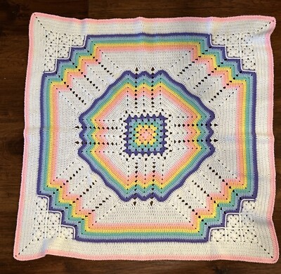 Handmade Vtg Crochet Throw Baby Blanket Afghan 41”x41” Pastel Colors Pink  Trim
