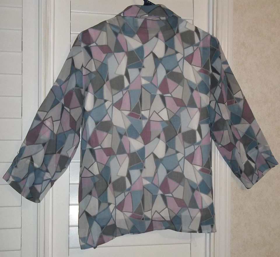 Alfred Dunner Blouse Blue Geometric White Tank 10 Petite Sheer Long Sleeve - Image 3 of 4
