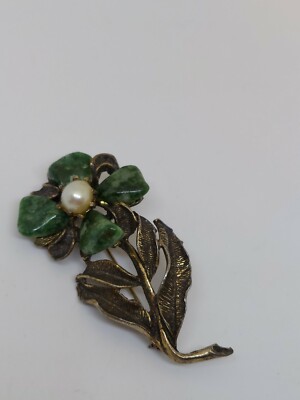 Vintage Signed HOB Antiqued Gold Tone Green Stone Faux Pearl Flower Brooch Pin