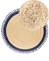 Boho Teppich Rund ø 200 Cm NatüRliche Jute Handgeflochten Beige Und Blau Marts